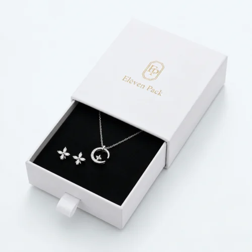 Custom Black and White Drawer Jewelry Box open view with matching jewelry
