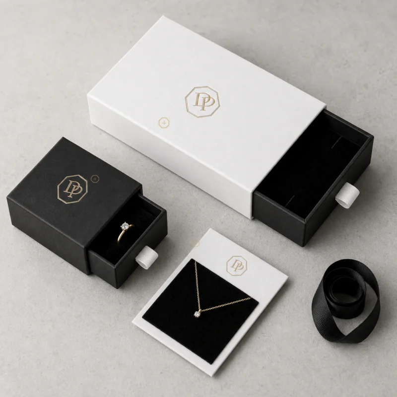 Custom Black and White Drawer Jewelry Box custom packaging system scene