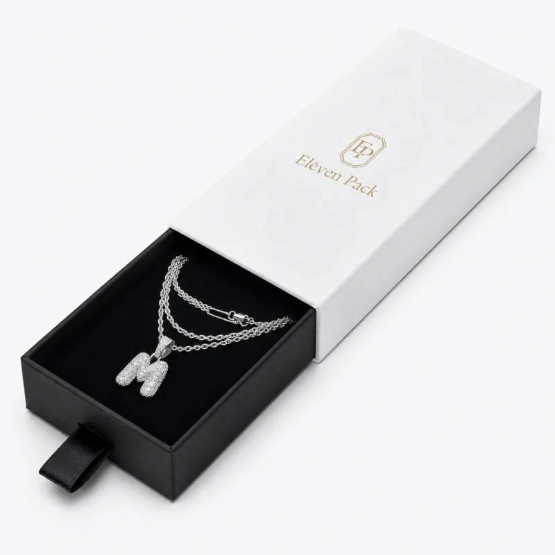 Custom White Drawer Cardboard Jewelry Box open view with matching jewelry