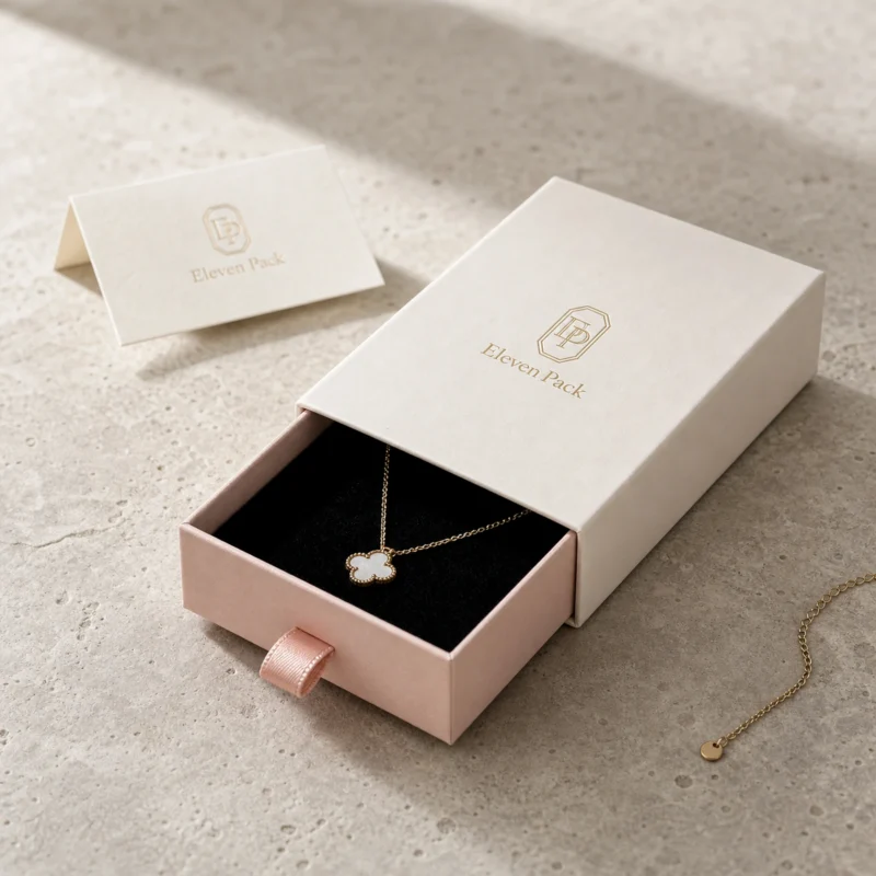 Custom Pink Drawer Cardboard Necklace Box jewelry packaging usage scene Custom Pink Drawer Cardboard Necklace Box jewelry packaging usage scene