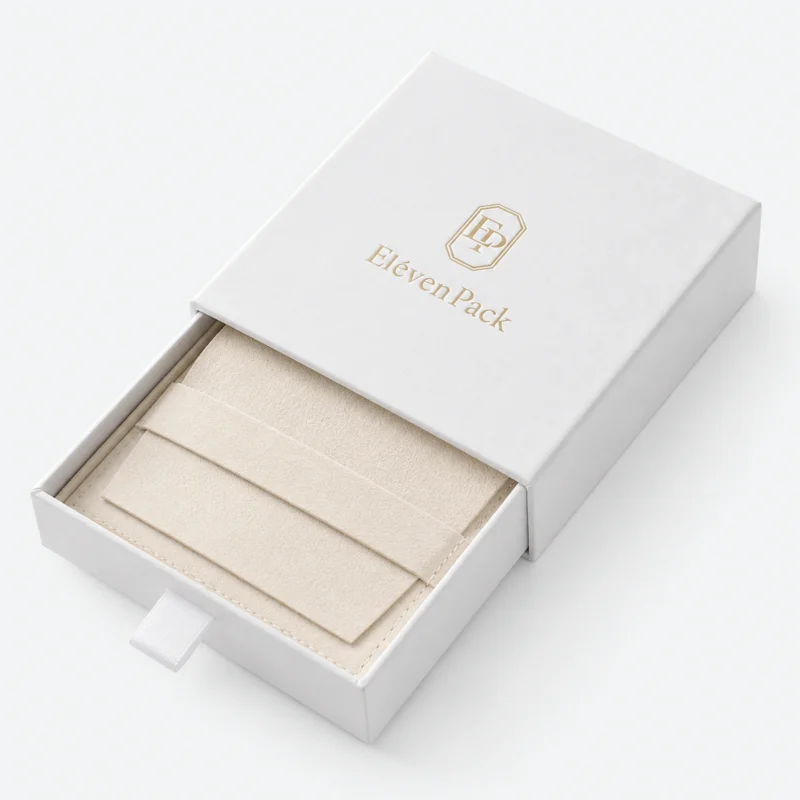 Custom White Drawer Cardboard Jewelry Box open view with matching jewelry Custom White Drawer Cardboard Jewelry Box open view with matching jewelry