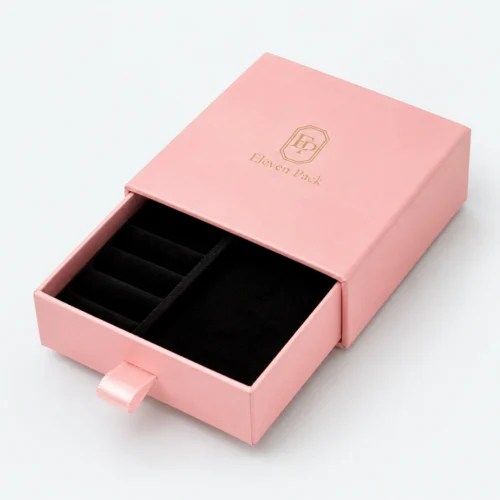 Custom Pink Cardboard Drawer Jewelry Organizer Box open view with matching jewelry