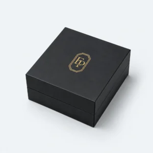 Custom Luxury Black Art Paper Hinged Jewelry Box closed view