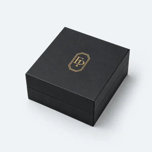 Custom Luxury Black Art Paper Hinged Jewelry Box closed view