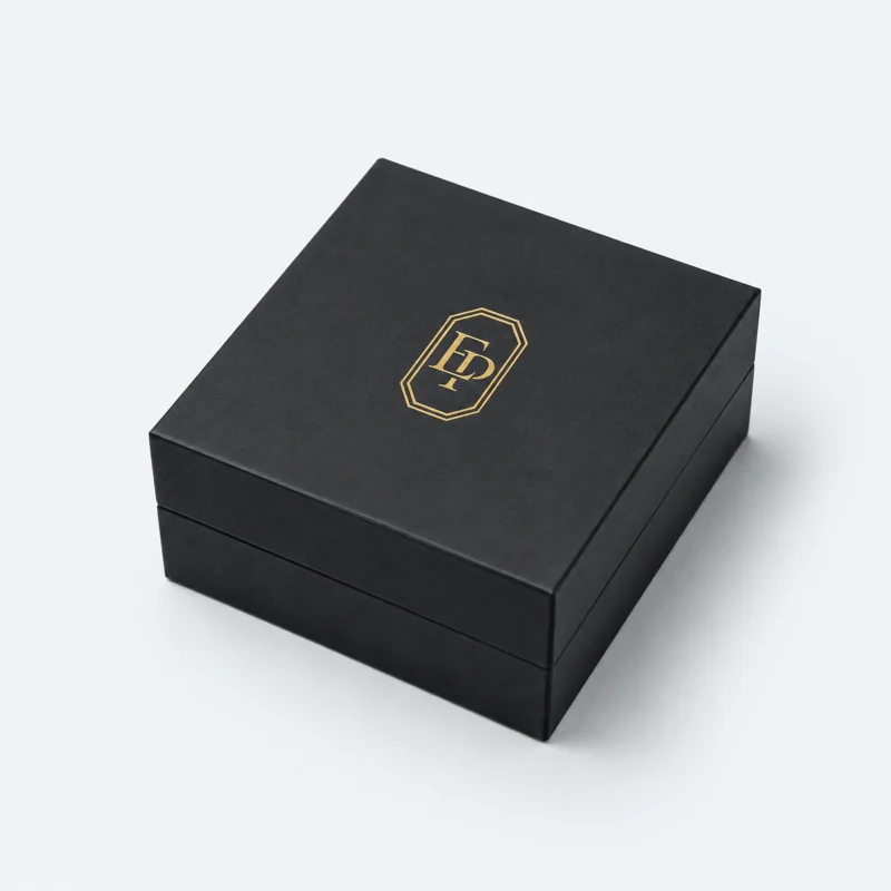 Custom Luxury Black Art Paper Hinged Jewelry Box closed view