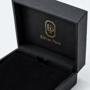 Custom Luxury Black Art Paper Hinged Jewelry Box material and insert detail