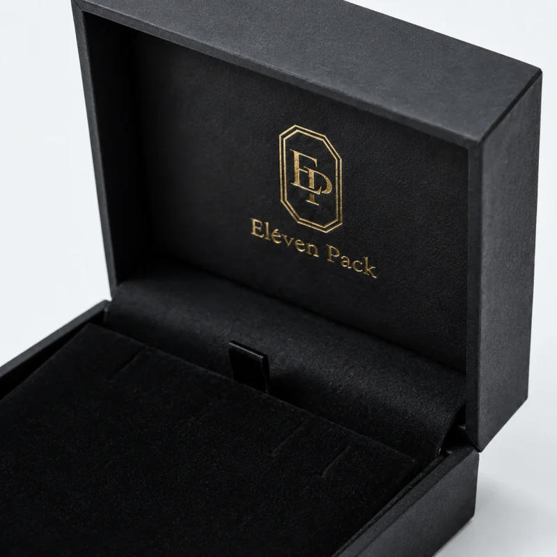 Custom Luxury Black Art Paper Hinged Jewelry Box material and insert detail