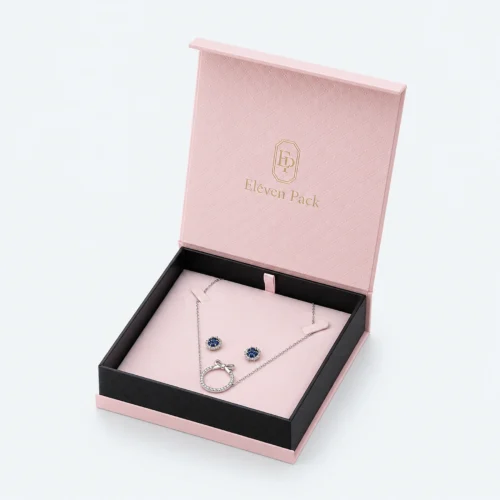 Custom Pink Paper Flip Top Jewelry Box with Magnetic Closure open view with matching jewelry