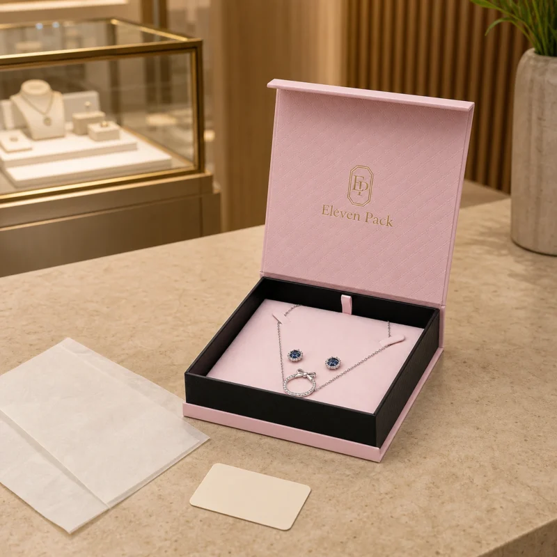 Custom Pink Paper Flip Top Jewelry Box with Magnetic Closure jewelry packaging usage scene