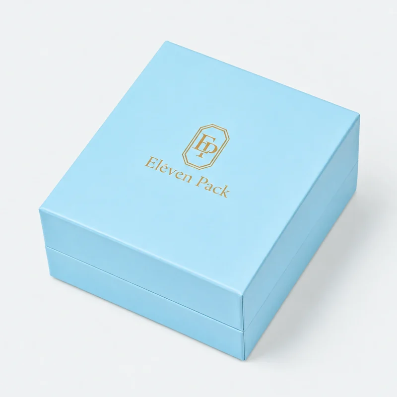 Custom Blue Hinged Cardboard Jewelry Box logo and closure detail