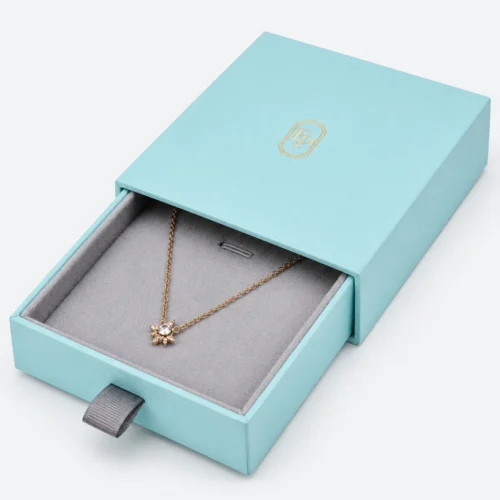 Custom Luxury Tiffany Blue Drawer Cardboard Jewelry Box open view with matching jewelry Custom Luxury Tiffany Blue Drawer Cardboard Jewelry Box open view with matching jewelry