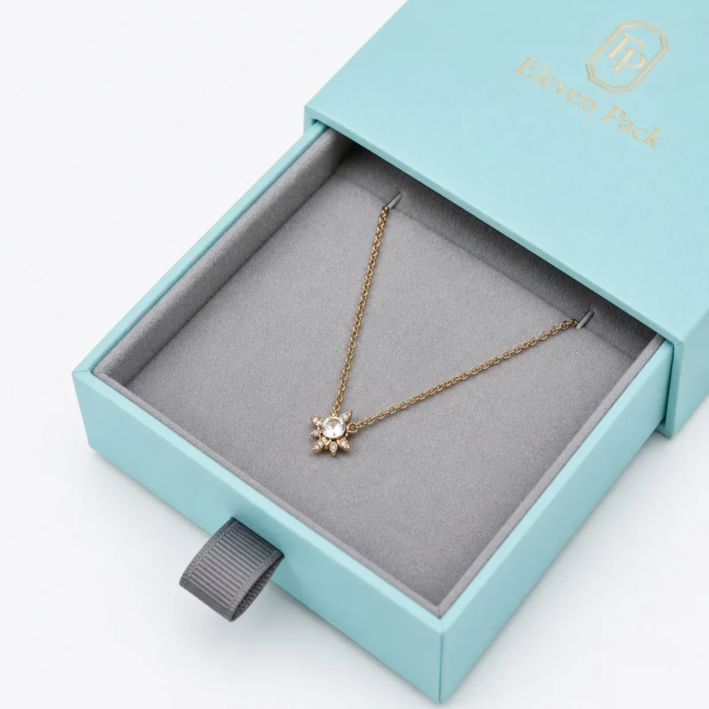Custom Luxury Tiffany Blue Drawer Cardboard Jewelry Box material and insert detail
