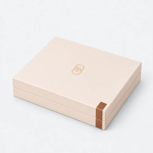 Custom Brown Paper Hinged Jewelry Box with Ribbon Bow closed view