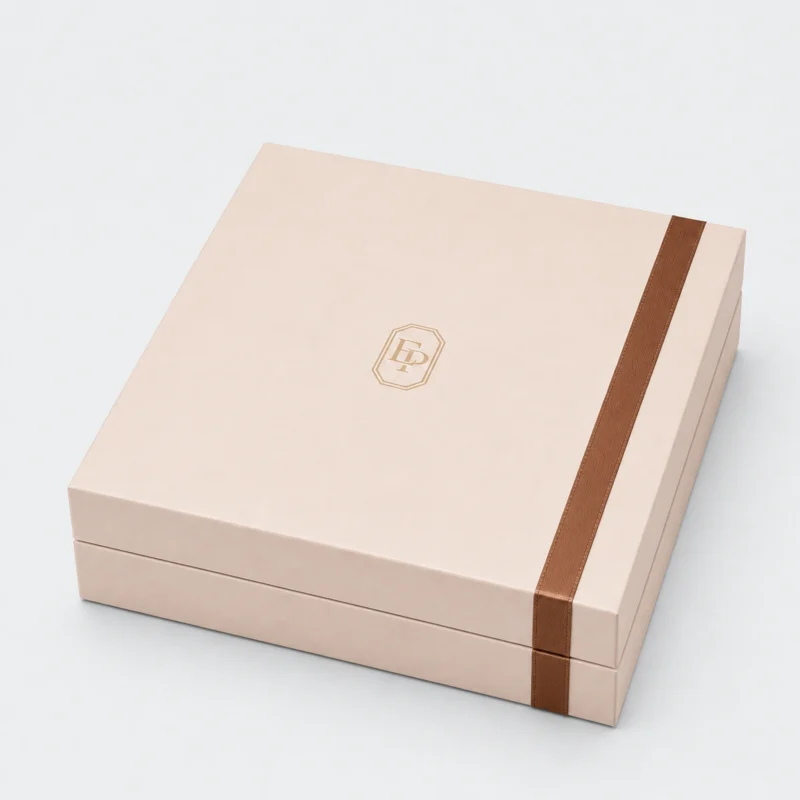 Custom Brown Paper Hinged Jewelry Box with Ribbon Bow logo and closure detail