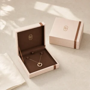 Custom Brown Paper Hinged Jewelry Box with Ribbon Bow custom packaging system scene