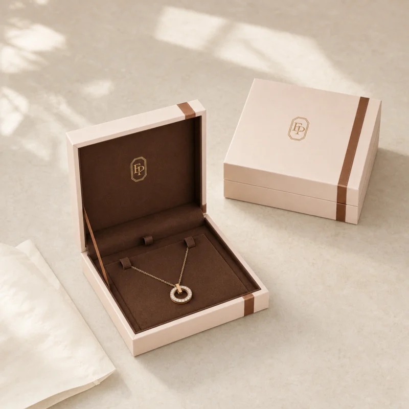 Custom Brown Paper Hinged Jewelry Box with Ribbon Bow custom packaging system scene