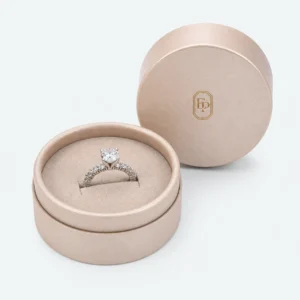 Custom Luxury Champagne Paper Lid and Base Ring Box open view with matching jewelry