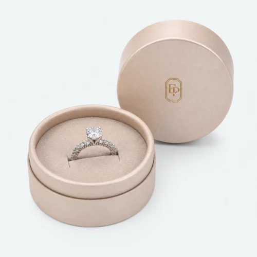 Custom Luxury Champagne Paper Lid and Base Ring Box open view with matching jewelry