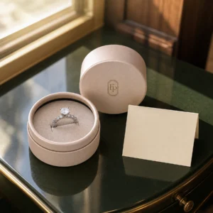 Custom Luxury Champagne Paper Lid and Base Ring Box jewelry packaging usage scene