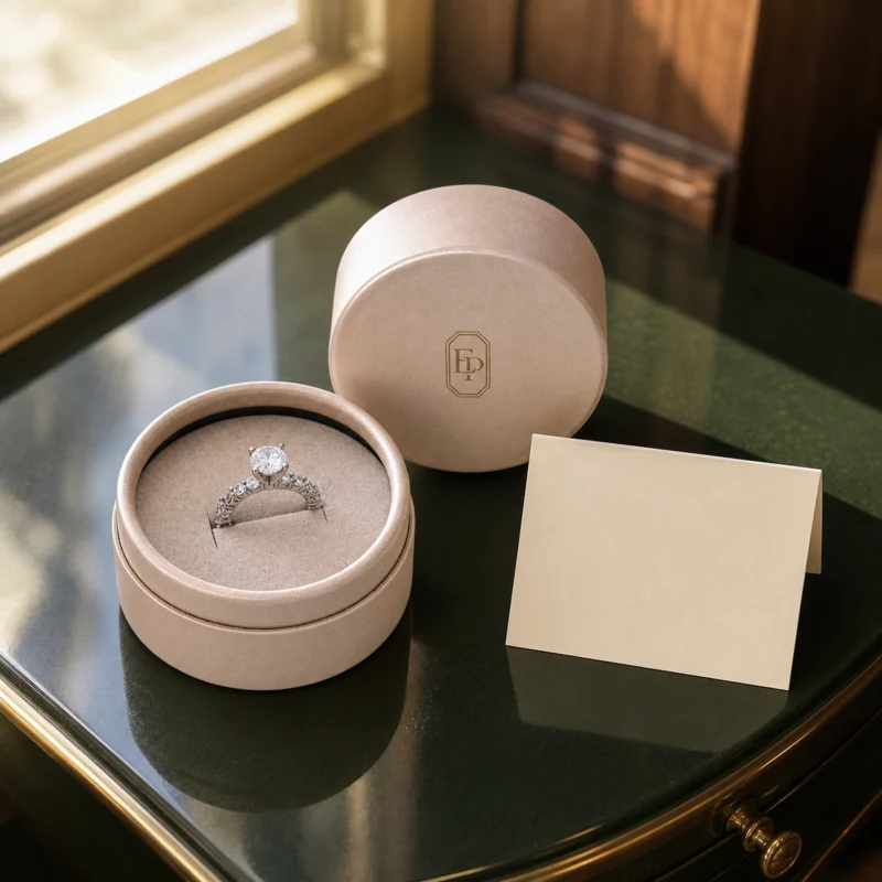 Custom Luxury Champagne Paper Lid and Base Ring Box jewelry packaging usage scene