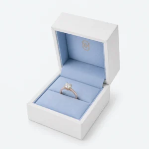 Custom White and Blue Hinged Cardboard Ring Box open view with matching jewelry Custom White and Blue Hinged Cardboard Ring Box open view with matching jewelry