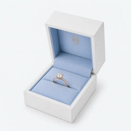 Custom White and Blue Hinged Cardboard Ring Box open view with matching jewelry Custom White and Blue Hinged Cardboard Ring Box open view with matching jewelry