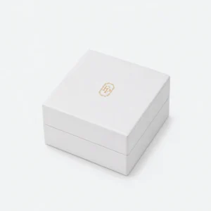 Custom White and Blue Hinged Cardboard Ring Box closed view Custom White and Blue Hinged Cardboard Ring Box closed view