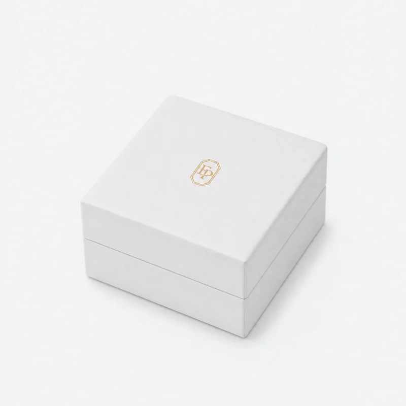 Custom White and Blue Hinged Cardboard Ring Box closed view Custom White and Blue Hinged Cardboard Ring Box closed view