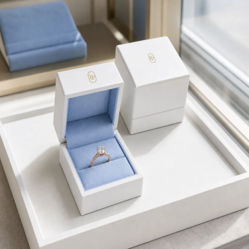 Custom White and Blue Hinged Cardboard Ring Box jewelry packaging usage scene Custom White and Blue Hinged Cardboard Ring Box jewelry packaging usage scene