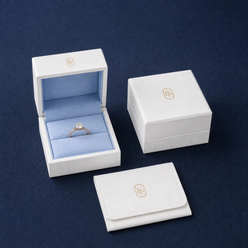 Custom White and Blue Hinged Cardboard Ring Box custom packaging system scene Custom White and Blue Hinged Cardboard Ring Box custom packaging system scene