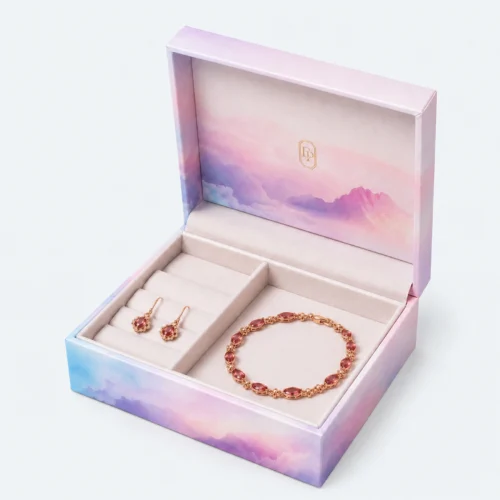 Custom Iridescent Hinged Cardboard Jewelry Box open view with matching jewelry