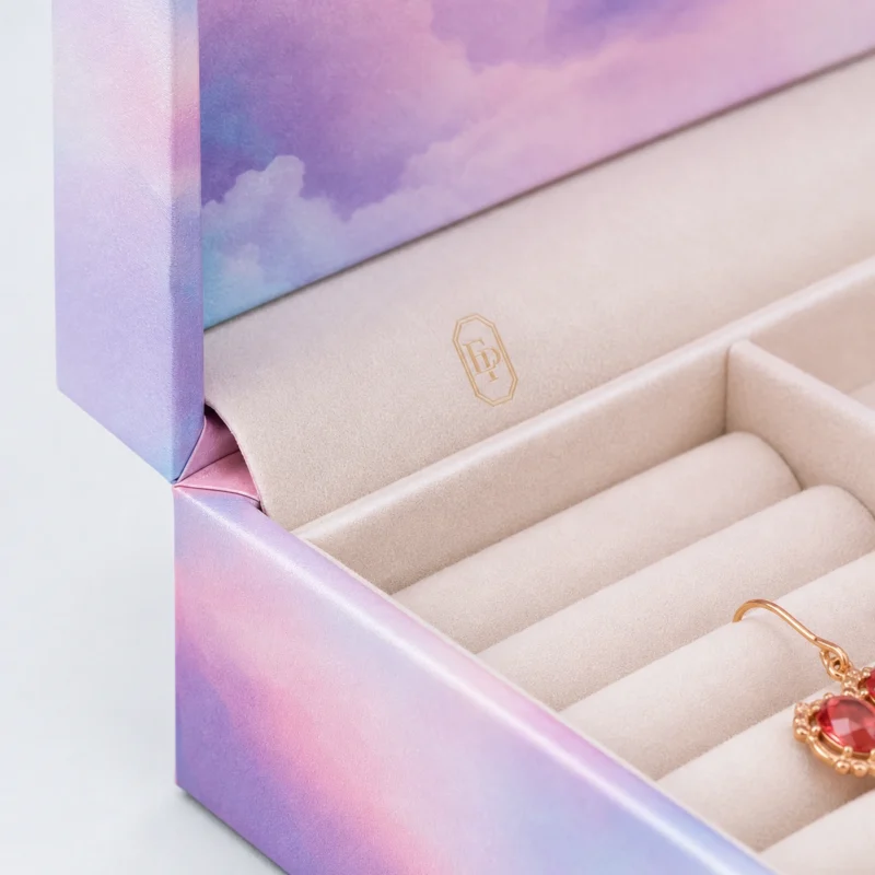 Custom Iridescent Hinged Cardboard Jewelry Box material and insert detail