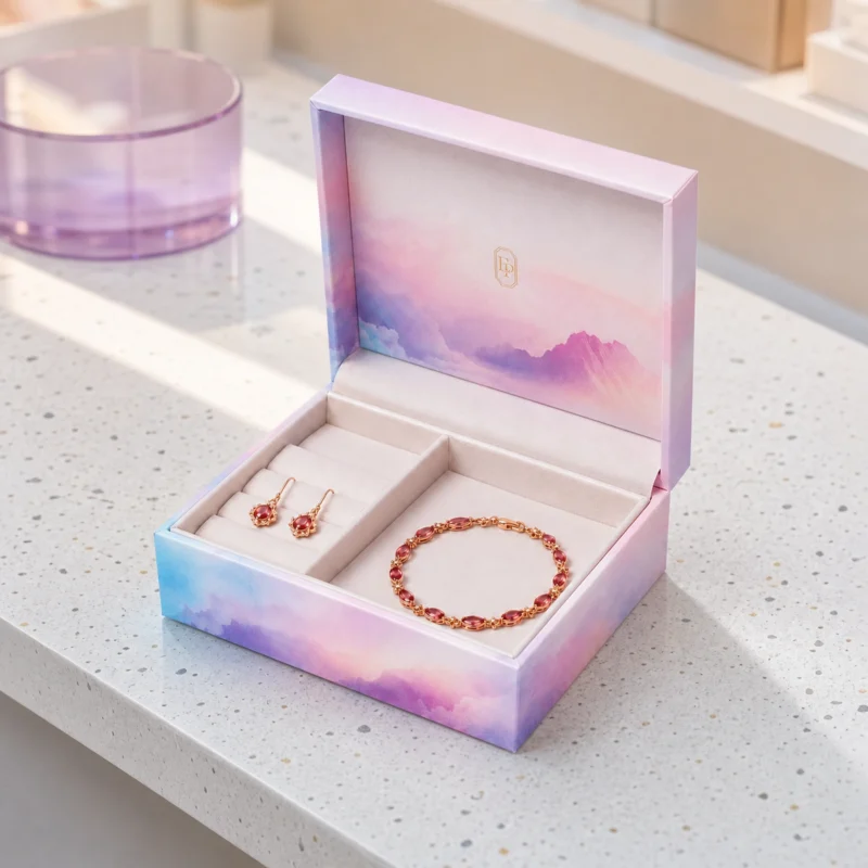 Custom Iridescent Hinged Cardboard Jewelry Box jewelry packaging usage scene
