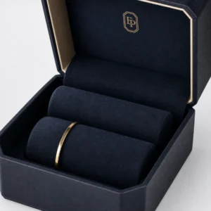 Custom Black Paper Suede Jewelry Box logo and closure detail