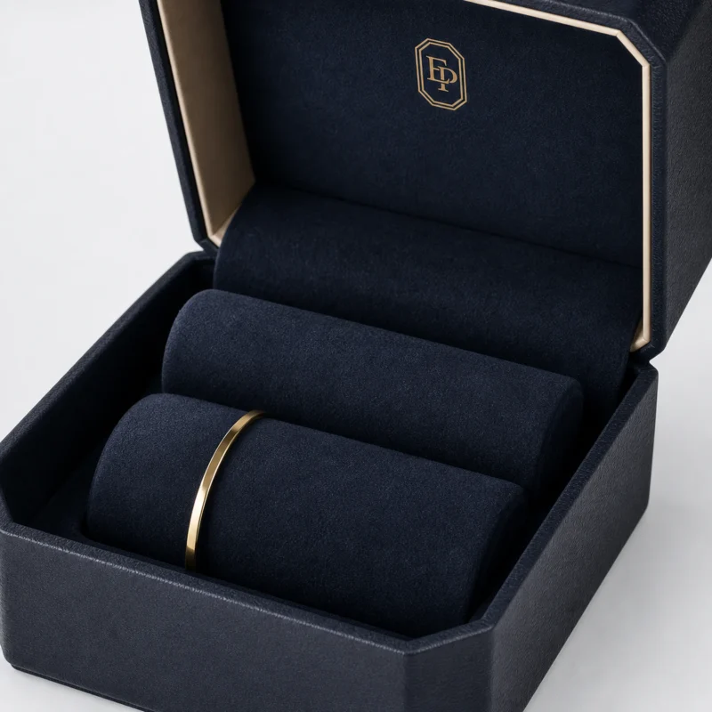 Custom Black Paper Suede Jewelry Box logo and closure detail