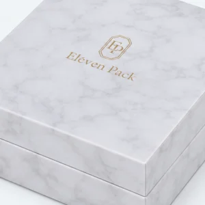 Custom White Marble Pattern Hinged Jewelry Box logo and closure detail