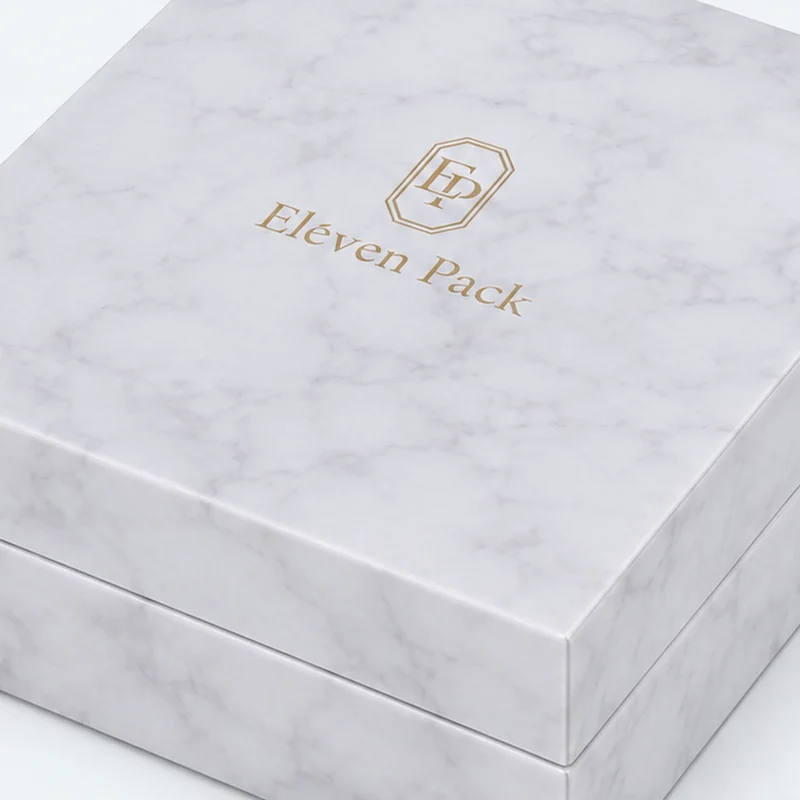 Custom White Marble Pattern Hinged Jewelry Box logo and closure detail