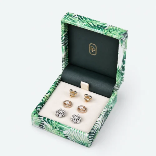 Custom Green Fabric Flip Top Earring Box open view with matching jewelry
