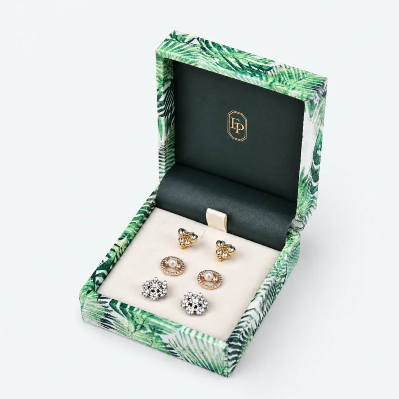 Custom Green Fabric Flip Top Earring Box open view with matching jewelry