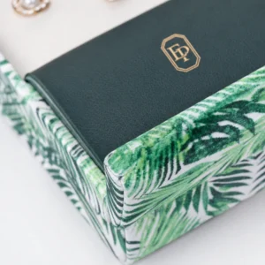 Custom Green Fabric Flip Top Earring Box material and insert detail