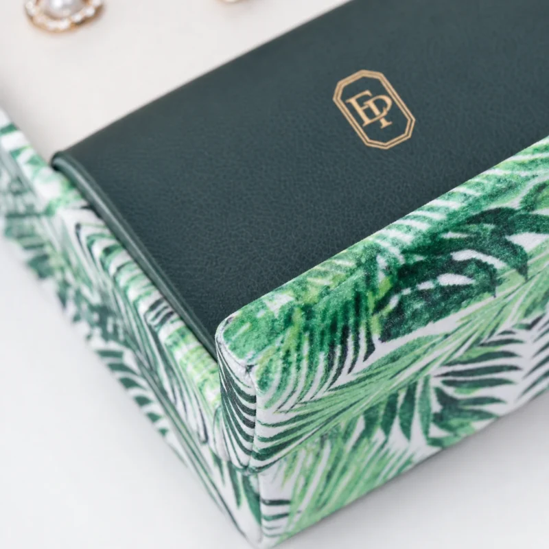 Custom Green Fabric Flip Top Earring Box material and insert detail