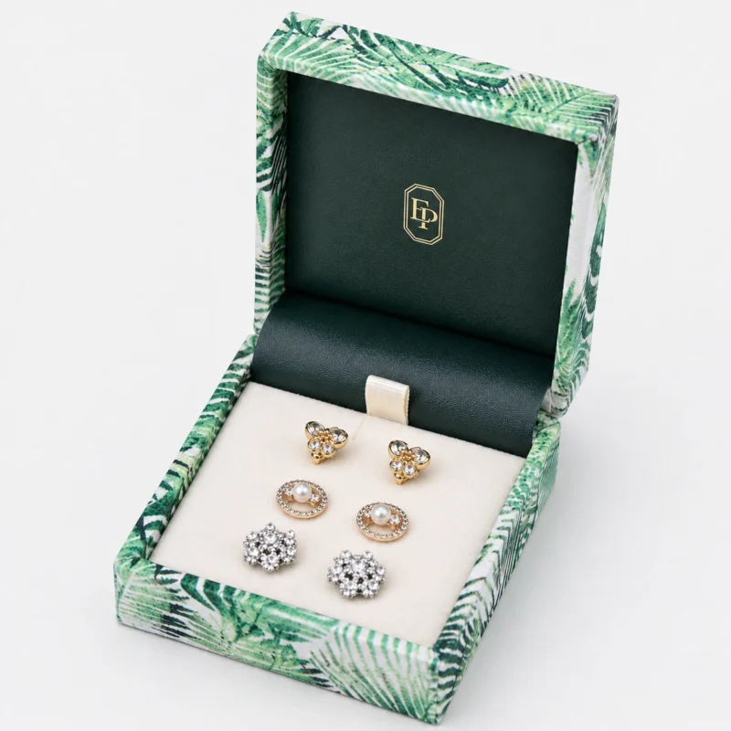 Custom Green Fabric Flip Top Earring Box logo and closure detail