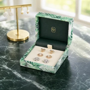 Custom Green Fabric Flip Top Earring Box jewelry packaging usage scene
