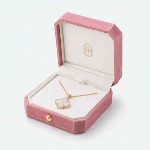 Custom Pink Hinged Lined Necklace Box open view with matching jewelry