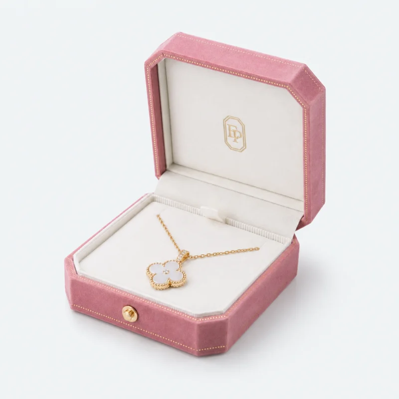 Custom Pink Hinged Lined Necklace Box open view with matching jewelry Custom Pink Hinged Lined Necklace Box open view with matching jewelry
