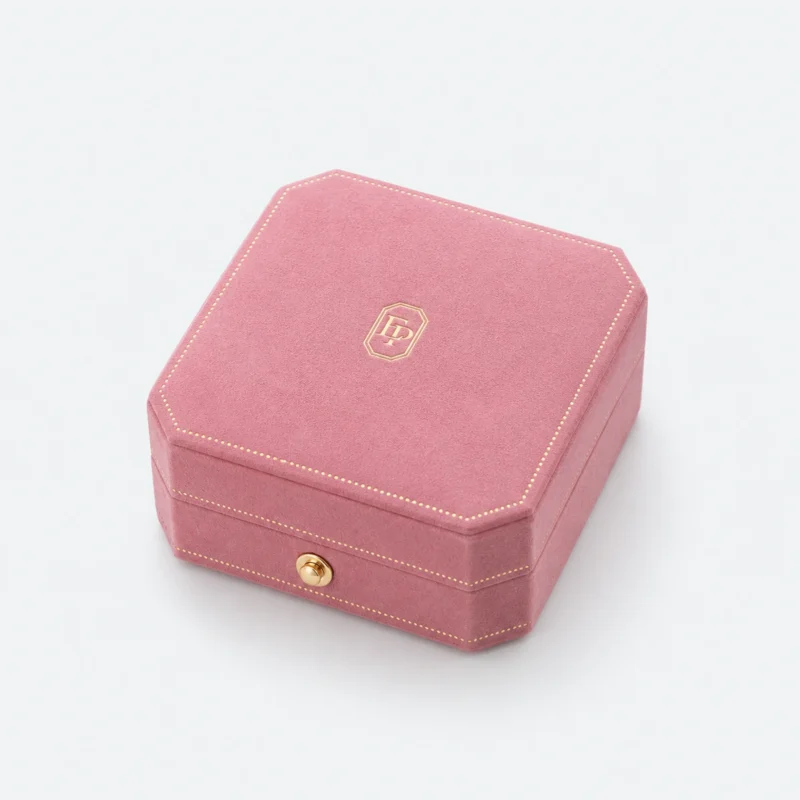 Custom Pink Hinged Lined Necklace Box closed view Custom Pink Hinged Lined Necklace Box closed view