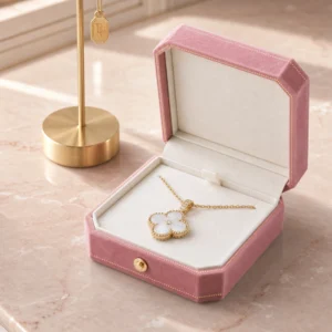 Custom Pink Hinged Lined Necklace Box jewelry packaging usage scene Custom Pink Hinged Lined Necklace Box jewelry packaging usage scene