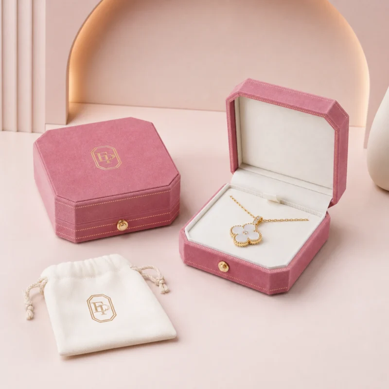 Custom Pink Hinged Lined Necklace Box custom packaging system scene Custom Pink Hinged Lined Necklace Box custom packaging system scene