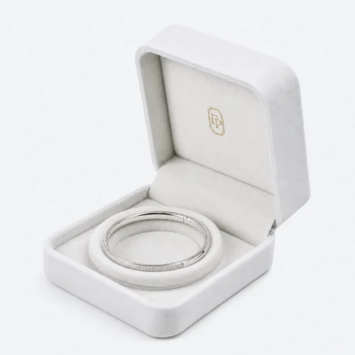 Custom Luxury White Velvet Flip Top Ring Box open view with matching jewelry