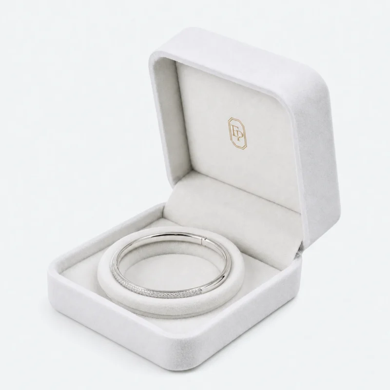 Custom Luxury White Velvet Flip Top Ring Box open view with matching jewelry